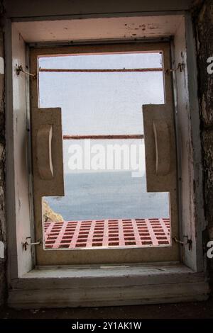 Blick auf Trinity Bay vom Cape Bonavista Lighthouse Window in Bonavista, Neufundland und Labrador, Kanada Stockfoto