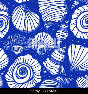 Modernes Cottage am Strand im rustikalen Muschelblock-Muster im Stil des Sealife Beach. Azurblaues weißes Muschelmotiv mit Leinennägeln Stockfoto