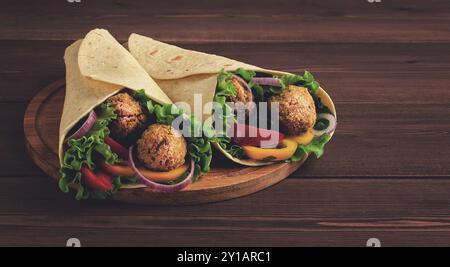 Tortillas mit Falafelbällchen und frischem Gemüse gewickelt, vegetarisches gesundes Essen, auf hölzernem Hintergrund, keine Menschen Stockfoto