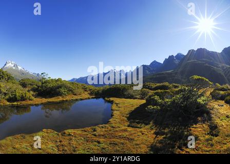 Blick vom Key Summit, Fiordland National Park, Weltkulturerbe Südwest Neuseelands, zu den Humboldt Mountains (Mt. Aspiring National Park), Wes Stockfoto