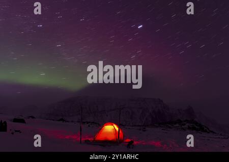 Nordlichter (Aurora borealis) und Sternenpfade über einem beleuchteten Zelt im Tal Stuor Reaiddavaggi, Kebnekaisefjaell, Norrbotten, Lappland Stockfoto