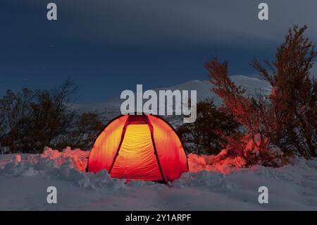 Beleuchtetes Zelt bei hellem Mondlicht im Doeralen Tal, Rondane Nationalpark, Oppland Fylke, Norwegen, Bivouac, Norwegen, Europa Stockfoto