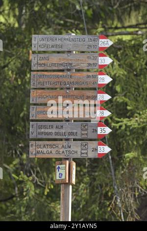 Wegweiser für Wanderwege in den Dolomiten Stockfoto