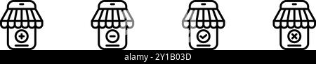 Icon-Telefonladen mit Baldachin und Plus, inus Check und Declob-Symbole, Online-Shop-Buttons. Bearbeitbare Datei Stock Vektor