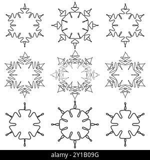 Schneeflocken-Symbole gesetzt. Abstrakte Strichkunst. Schwarz-weiße Vektorsymbole. Geometrische Wintermuster. Stock Vektor