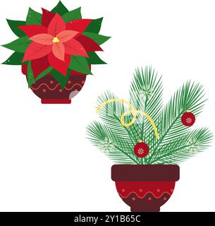 Weihnachtsstern Bunte Weihnachtsblume in trendigen hellen Neujahrsfarben isoliertes Set aus 2 Elementen Flachbild-Ansicht von oben und vorne. Karten, Poster, Banner, Broschüre, Preis, Aufkleber oder Web-Vektor-Illustration Stock Vektor