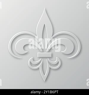 Vector Realistic Paper 3D Fleur De Lis Nahaufnahme auf weißem Hintergrund. Heraldisches Lily-Zeichen, Vektorbild Stock Vektor