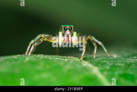 Nahaufnahme einer Springspinne auf grünem Blatt, selektiver Fokus, Makrofotos. Stockfoto