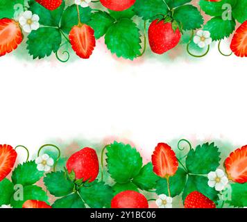 Lebendige Illustration von Erdbeeren, Blättern und Blüten in einem Randdesign mit weißem Mittelraum. Isolierter nahtloser Rand für die Gestaltung von Broschüren, Flyern, E-Packs, Etiketten oder Werbung. Digitale Kunst im Aquarellstil. Stockfoto