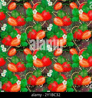 Dieses atemberaubende nahtlose Muster mit Erdbeeren und leuchtenden Blumen ist ideal für Textilien und Bastelprojekte. Digitale Kunst im Aquarellstil, zum Drucken auf Stoff und Papier. Stockfoto