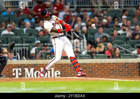 Marietta, GA, USA. September 2024. Atlanta Braves Outfield Jorge Soler (2) schlägt im Truist Park in Marietta, Georgia gegen die Colorado Rockies. Die Rockies gewinnen die Braves mit 3:1. (Kreditbild: © Walter G. Arce Sr./ASP via ZUMA Press Wire) NUR REDAKTIONELLE VERWENDUNG! Nicht für kommerzielle ZWECKE! Stockfoto