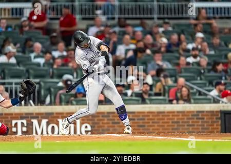 Marietta, GA, USA. September 2024. Brenton Doyle (9) der Colorado Rockies schlägt im Truist Park in Marietta, Georgia gegen die Atlanta Braves. Die Rockies gewinnen die Braves mit 3:1. (Kreditbild: © Walter G. Arce Sr./ASP via ZUMA Press Wire) NUR REDAKTIONELLE VERWENDUNG! Nicht für kommerzielle ZWECKE! Stockfoto