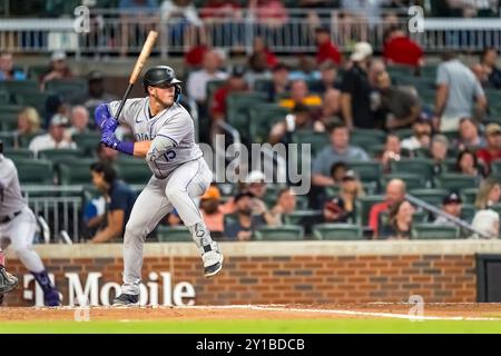 Marietta, GA, USA. September 2024. Hunter Goodman (15) schlägt im Truist Park in Marietta, Georgia gegen die Atlanta Braves. Die Rockies gewinnen die Braves mit 3:1. (Kreditbild: © Walter G. Arce Sr./ASP via ZUMA Press Wire) NUR REDAKTIONELLE VERWENDUNG! Nicht für kommerzielle ZWECKE! Stockfoto