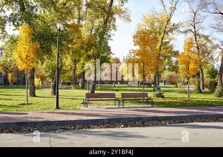 Rastplatz mit Bänken umgeben von Bäumen in Kiew, Europa. Im Herbst lädt der Stadtpark zum Ausruhen ein Stockfoto