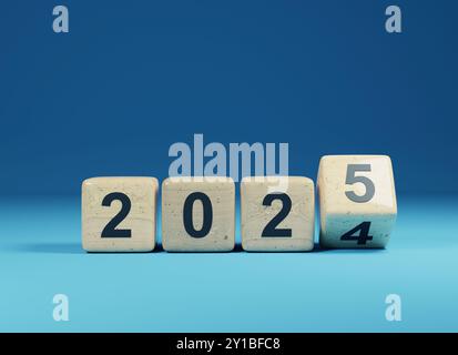 Umkippbare Holzwürfel mit der Jahreszahl 2024 und 2025, Neujahrskonzept, 3D-Rendering Stockfoto