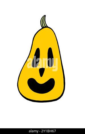 Jack den Laternenkürbis. Abbildung isoliert auf weißem Hintergrund. Länglicher Butternusskürbis. Ein geschnitztes Lächeln und überraschte Augen. Schwarze Umrandung dra Stockfoto