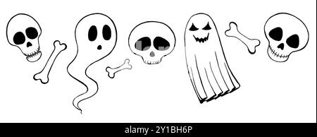 Kritzelset mit verschiedenen Halloween-Elementen. Verschiedene Schädel, Geister, Knochen. Schwarz auf weißem Hintergrund. Stilisierte Illustrationen. Ein Geist hat überrascht Stockfoto