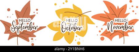 Bunte Banner mit Herbstgrüßaufschriften. Hallo September, Oktober, November. Set aus roten, orangefarbenen und gelben Blättern mit Anführungszeichen und Vektorgrafiken Stock Vektor