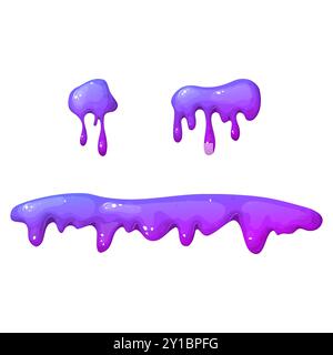 Farbenfroher tropfender Schleim im Zeichentrick. Schleimspritzer und Flüssigkeitstropfen. Giftiges Spritzen, klebriges schleimiges Element. Vektorillustration isoliert auf weiß Stock Vektor