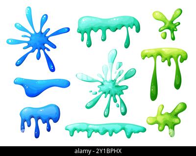 Farbenfroher tropfender Schleim im Zeichentrick. Schleimspritzer und Flüssigkeitstropfen. Giftiges Spritzen, klebriges schleimiges Element. Vektorillustration isoliert auf weiß Stock Vektor