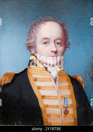 Captain William Bligh (1754–1817), britischer Offizier der Royal Navy und Kolonialverwalter. Bekannt für die Meuterei auf der HMS Bounty im Jahr 1789, Porträt-Miniaturmalerei in Aquarell auf Elfenbein von Alexander Huey, 1814 Stockfoto