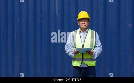 Leitender Transportarbeiter in Sicherheitsweste und gelbem Schutzhelm mit Dokumentenablage vor einem großen Frachtcontainer stehen. Stockfoto