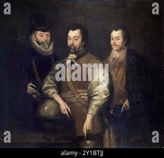 Thomas Cavendish (1560–1592), Sir Francis Drake (ca. 1540–1596) und Sir John Hawkins (1532–1595), Porträtmalerei eines Künstlers der British School aus dem 17. Jahrhundert in Öl auf Leinwand, vor 1699 Stockfoto