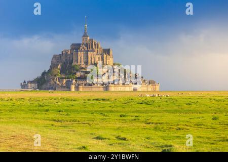 Blick auf Le Mont Saint Michel bei Sonnenaufgang. Normandie, Manche, Avranches, Pontorson, Frankreich, Westeuropa. Stockfoto