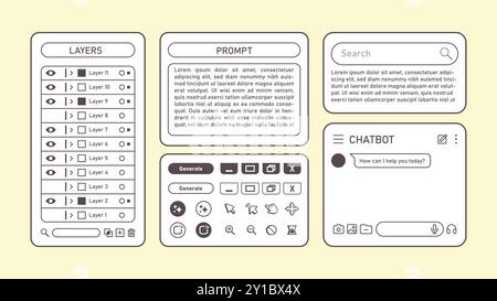 Retrofuturismus-App-Schnittstelle mit generativer KI-Funktion. Klassische Desktop-Anwendung mit künstlicher Intelligenz und Mockup der Website. Vektorabbildung Stock Vektor