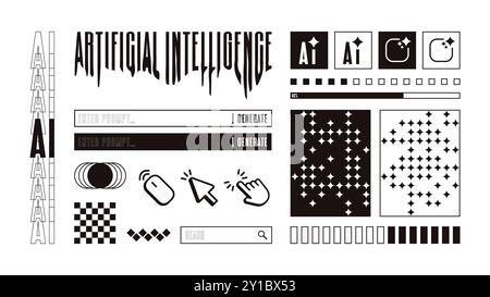 Design-Element für futuristische KI-Schaltfläche. Schwarzweiß-Grafik für Desktop-Computer, Webseiten-UI. App-Taste, Ladeleiste Stock Vektor