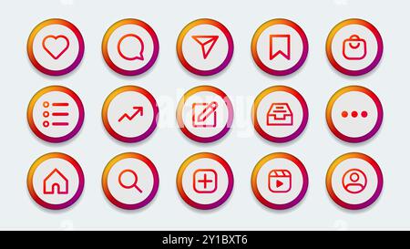 Verlauf der pneumorphen UI-Schaltfläche für soziale Medien, isoliert auf weißem Hintergrund. Futuristische Benutzeroberfläche, moderne Ästhetik. Wie, kommentieren, speichern Stock Vektor