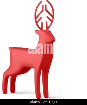 Helle glänzende minimalistische gehörnte rote Hirschkugel Weihnachtsspielzeug isometrische realistische 3D Vorlage Vektor Illustration. Schöner, stilvoller Wildwald Nordi Stock Vektor