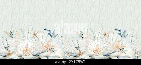 Nahtloses Muster und Rand von beigen Muscheln, Seesternen und Kieselsteinen Aquarellillustration auf Jakobsmusterhintergrund. Handgezeichnetes Clipart mit Meeresmuscheln in einfarbigen Pastellfarben für nautische und Küstenmotive Stockfoto