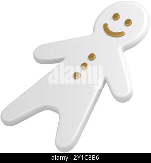 Realistische weiße Zärtlichkeit Lebkuchenmann diagonal platzierte schlanke Weihnachtsfigur 3D Vorlage Vektor Illustration. Lustige Weihnachtsfigur mit niedlicher Form Stock Vektor