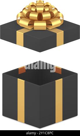Geschenkbox schwarz offene Kappe Mode Behälter für teure Geschenk 3D Icon realistische Vektor Illustration. Luxuriöses brutales Paket mit goldener Schleife für festi Stock Vektor