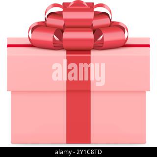 Rosa rechteckige Geschenkbox mit luxuriöser roter Schleife Band Pack 3D Icon realistische Vektor-Illustration. Elegantes feminines Geschenkpaket mit Weihnachtsgrauen Stock Vektor