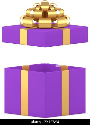 Teure lila Geschenkbox mit offener Kappe goldene Schleife Band festliches Paket 3D Icon realistische Vektor-Illustration. Premium-violette leere Behälter Presen Stock Vektor
