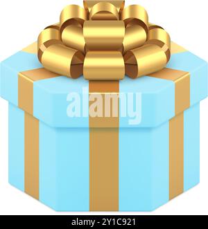 Blaue elegante sechseckige Geschenkbox mit goldenem Luxus Schleife 3D Icon realistische Vektor-Illustration. Romantische Premium-Container-Feiertagspräsentation Stock Vektor