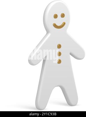 Weiße elegante lächelnde Lebkuchenmann traditionelle Form Weihnachtszeichen 3D Vorlage Vektor Illustration. Zärtlichkeit süß Weihnachten schlank dekorativ echt Stock Vektor