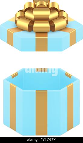 Blaue leere Geschenkbox mit offenem Deckel und goldenem Luxus Schleife 3D Icon realistische Vektorillustration. Hochwertiges elegantes sechseckiges Paket festlicher Presen Stock Vektor