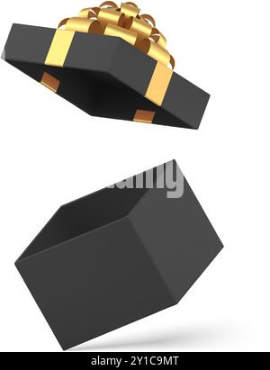 Schwarze Mode Geschenkbox mit offener Kappe goldene Schleife Band leer verdrängte Packung 3D Icon realistische Vektor-Illustration. Teures Luxuspaket für Presen Stock Vektor