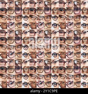 Augen, Brille und Collage von Menschen mit Sehgesundheit, Brillenmode und Stilvielfalt. Gesichter, Vielfalt und Gruppe mit Brillen Sammlung von Stockfoto