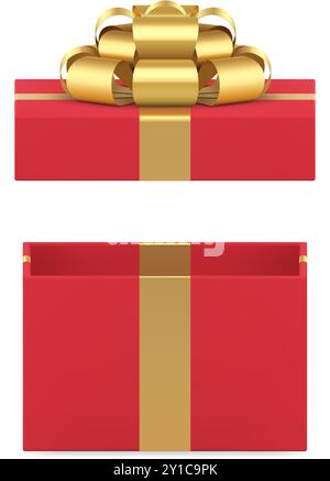 Rot gewickelte Geschenkbox offene Feiertagspackung mit goldenem Schleifenband 3D Icon realistische Vektor-Illustration. Mode trendig elegantes Luxus-Paket für festliche Tage Stock Vektor