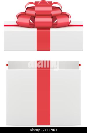 Weiße gewickelte rechteckige Geschenkbox mit luxuriösem rotem Schleifenband 3d Icon realistische Vektorillustration. Elegantes Premium-Geschenk festliches Paket für den Urlaub Stock Vektor