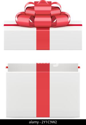 Weiße elegante offene Geschenkbox mit luxuriöser roter Schleife festliches Geschenk 3D Icon realistische Vektor-Illustration. Romantisches, rechteckiges Paket für Urlauber Stock Vektor