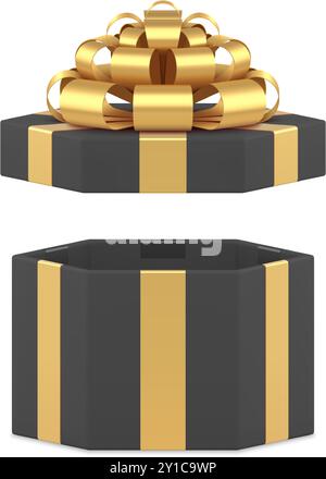 Schwarze Mode Geschenkbox mit offenem Deckel und luxuriösem goldenem Schleifenband 3D Icon realistische Vektor-Illustration. Stilvoller festlicher, sechseckig verpackter Behälter f Stock Vektor