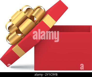 Luxuriöse klassische rote quadratische Geschenkbox mit goldenem Schleifenband für festliche Gratulation realistische 3D-Vektor-Illustration. Teure Entpackung isometrischer Würfel Stock Vektor