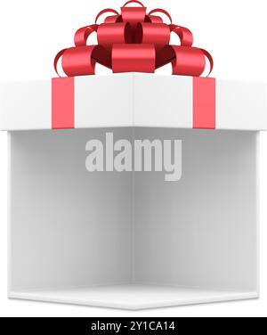 Modische isometrische weiße Geschenkbox dekoriert durch rote glänzende Schleife 3D realistische Vektor-Illustration. Unglaublich süßer Pappbehälter für festliche Tage Stock Vektor