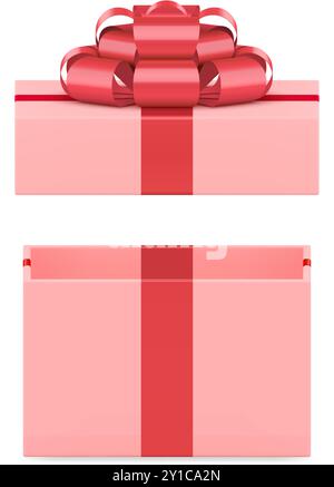 Rosa offene Geschenkbox feminines Luxus Geschenk mit Luxus Schleife 3D Icon realistische Vektor Illustration. Elegantes, rechteckiges Gehäuse für festi Stock Vektor