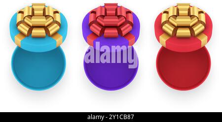 Sammlung realistische romantische eingekreiste Pappe für festliche Überraschung Aufbewahrungspaket Draufsicht 3D isometrische Vektor-Illustration. Mehrfarbig abgerundet einstellen Stock Vektor